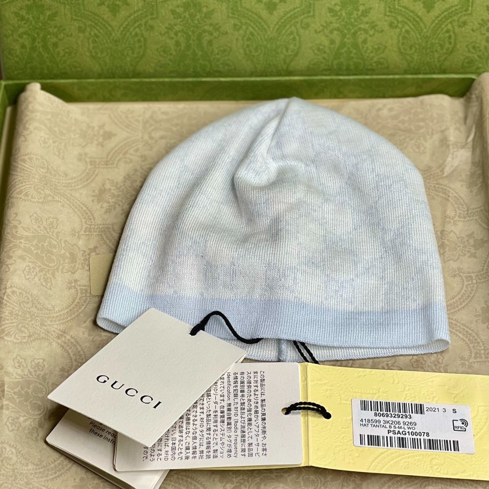 White and light blue Gucci pattern newborn hat
